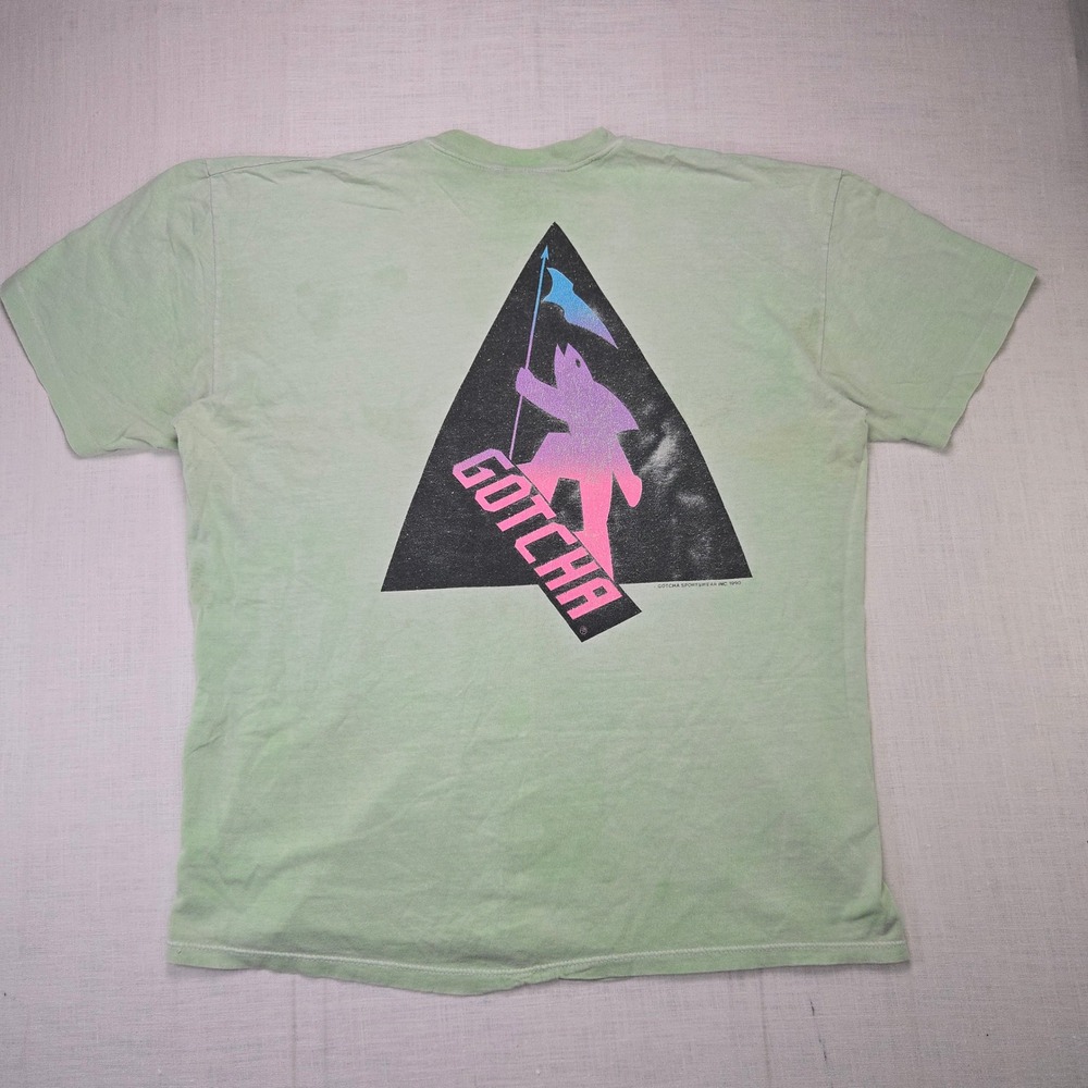 VTG Gotcha Sportswear T Shirt Green Mens XL 1990 Neon Graphic Single Stitch Surf